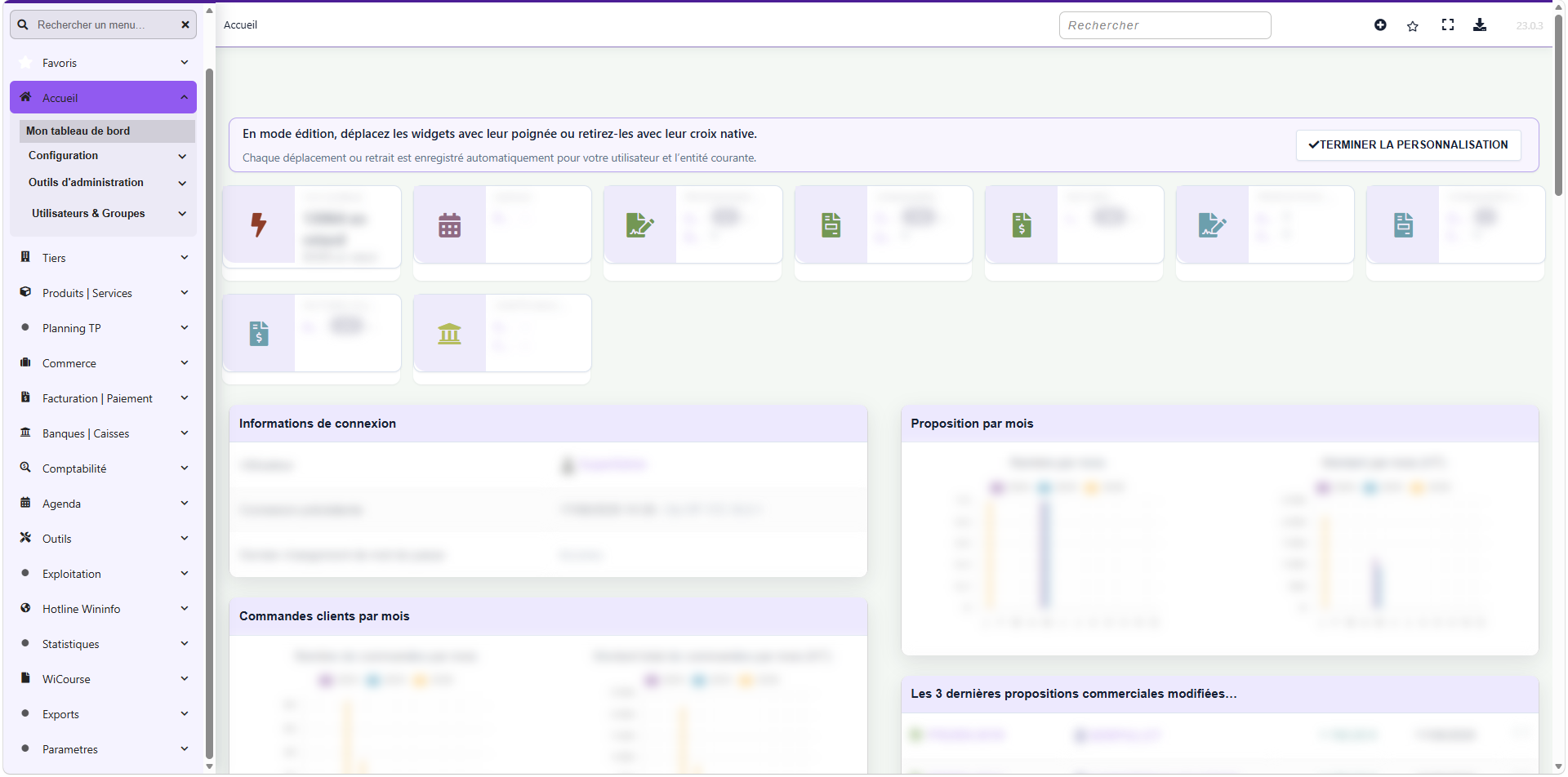 Nouvelle interface Win@ERP avec navigation latérale et tableaux de bord